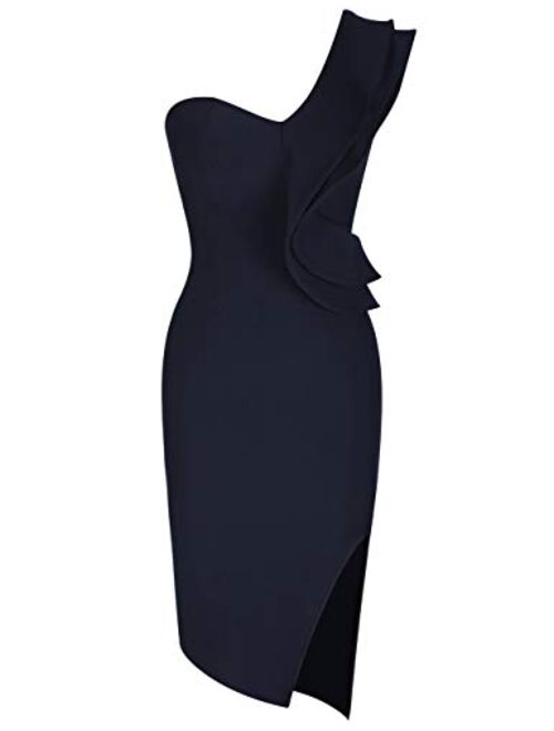 UONBOX Women's One Shoulder Sleeveless Knee Length Side Split Fashion Bandage Dress