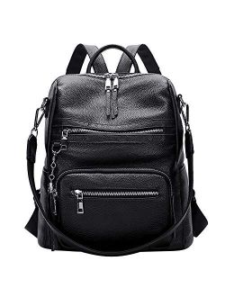 Genuine Leather Backpack Purse for Women Large Shoulder Bag With Laptop Compartment Multiple Pockets(S106 Black)
