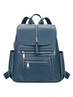 Leather Backpack Purse for Women Fashion Casual Handbag with Multi Pockets and Flap(S107 Indigo Blue)