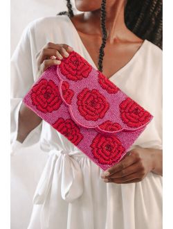 Hand-Picked Dark Pink and Red Beaded Clutch