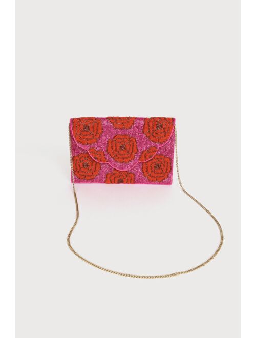 Lulus Hand-Picked Dark Pink and Red Beaded Clutch