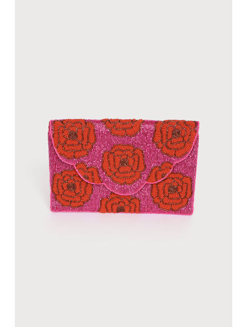 Lulus Hand-Picked Dark Pink and Red Beaded Clutch