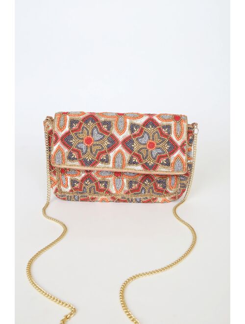 Lulus Style that Stuns Gold Multi Floral Beaded Clutch