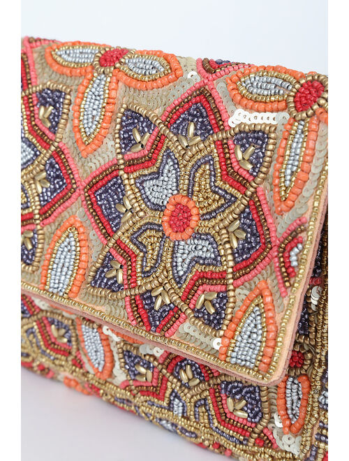 Lulus Style that Stuns Gold Multi Floral Beaded Clutch
