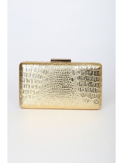 Lulus Sleek Celebration Metallic Gold Crocodile-Embossed Box Clutch