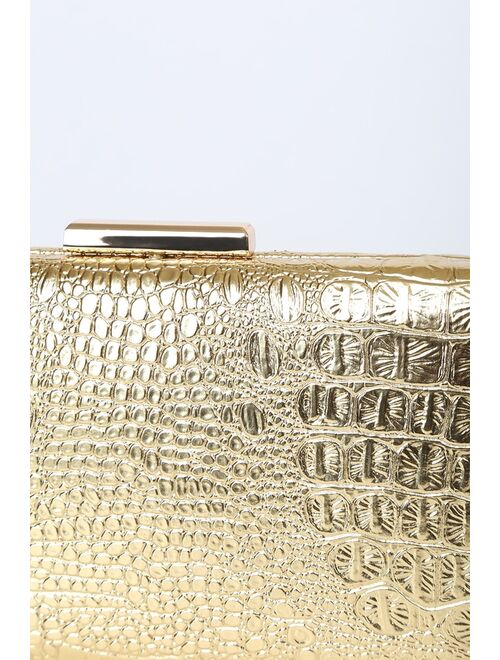 Lulus Sleek Celebration Metallic Gold Crocodile-Embossed Box Clutch