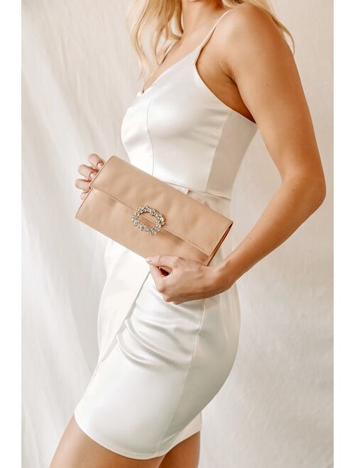 Lulus Keep It Glam Light Nude Satin Rhinestone Clutch