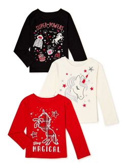 Girls' Graphic T-Shirt with Long Sleeves, 3-Pack, Sizes 4-10