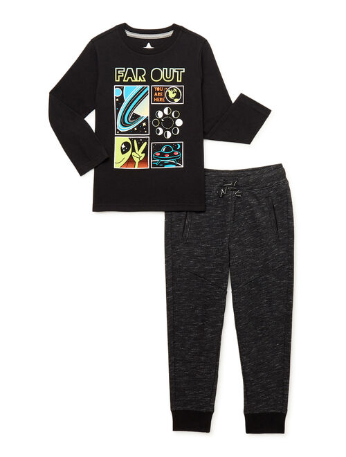 365 Kids from Garanimals Boys Space Long Sleeve Graphic T-Shirt and French Terry Jogger, 2-Piece Outfit Set, Sizes 4-10