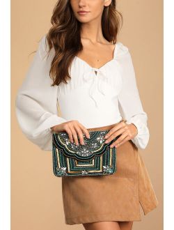 Party Date Green Multi Sequin Beaded Clutch