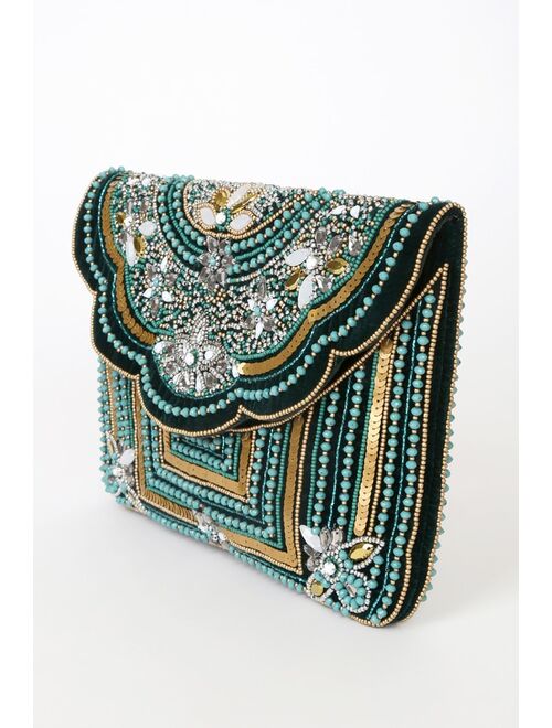 Lulus Party Date Green Multi Sequin Beaded Clutch