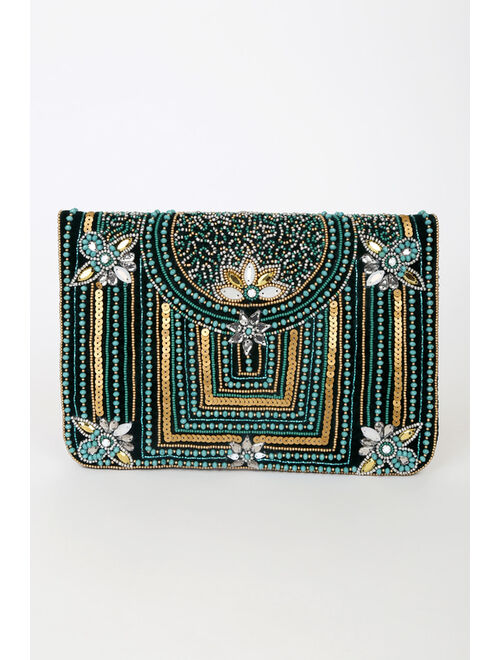 Lulus Party Date Green Multi Sequin Beaded Clutch