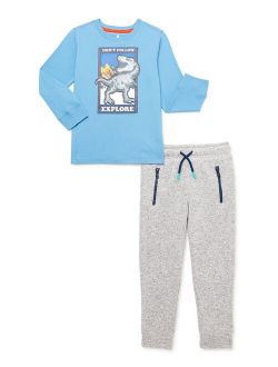 Boys Dino Long Sleeve Lenticular T-Shirt and Sweater Fleece Joggers, 2-Piece Outfit Set, Sizes 4-10