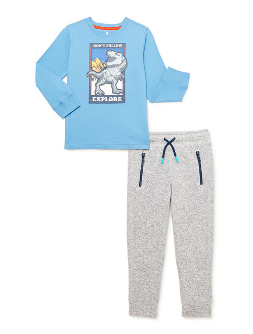 365 Kids from Garanimals Boys Dino Long Sleeve Lenticular T-Shirt and Sweater Fleece Joggers, 2-Piece Outfit Set, Sizes 4-10