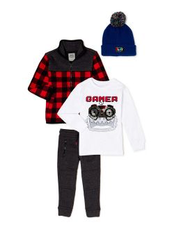 Boys Long Sleeve Robot Sequin T-Shirt, Pom Pom Hat, Fleece Jacket, And Sweater Fleece Joggers, 4-Piece Set, Sizes 4-10