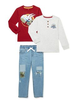 Boys Dino Long Sleeve T-Shirts and Denim, 3-Piece Outfit Set, Sizes 4-10