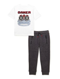 Boys Robot Short Sleeve Graphic Sequin T-Shirt and Sweater Fleece Joggers, 2-Piece Outfit Set, Sizes 4-10