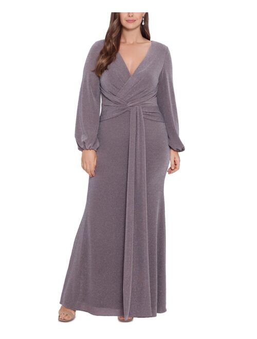 Betsy & Adam Plus Size Draped Metallic Gown