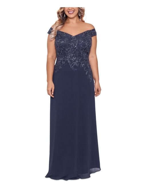 Betsy & Adam Plus Size Off-The-Shoulder Embellished Gown