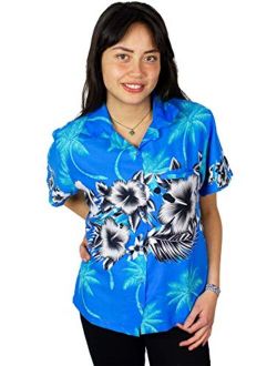 Hawaiian Blouse Shirt for Women Funky Casual Button Down Very Loud Shortsleeve Flower Chest Border Print