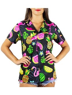 Funky Casual Hawaiian Blouse Shirt for Women Front Pocket Button Down Very Loud Shortsleeve Small Flower Print