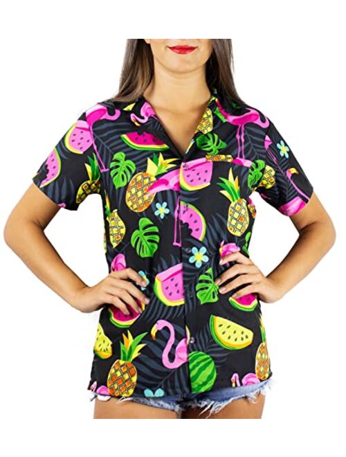 KING KAMEHA Funky Casual Hawaiian Blouse Shirt for Women Front Pocket Button Down Very Loud Shortsleeve Small Flower Print