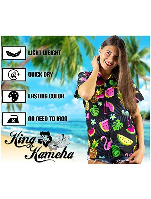 KING KAMEHA Funky Casual Hawaiian Blouse Shirt for Women Front Pocket Button Down Very Loud Shortsleeve Small Flower Print