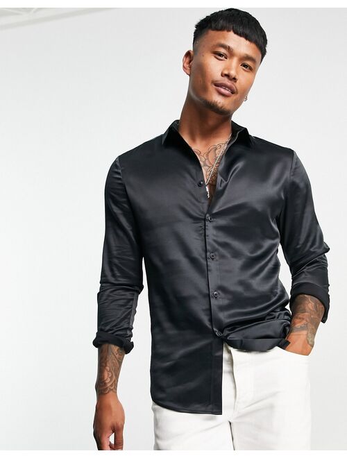 Asos Design skinny satin shirt in black