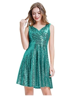 Women's Sequin Glitter V-Neck Party Dress Winter Velvet A-Line Dress Lace Evening Dress