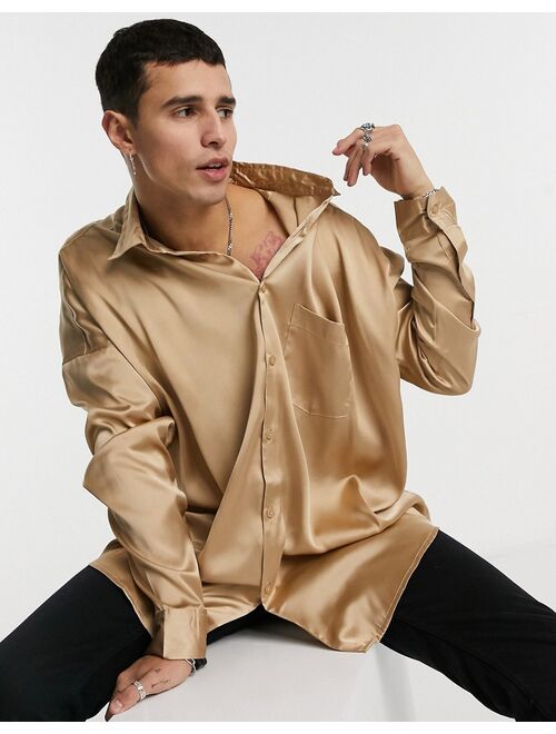 Asos Design oversized satin shirt in brown
