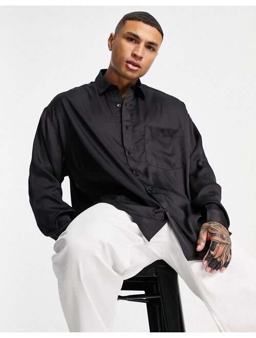 Asos Design oversized satin shirt with dip back hem in black