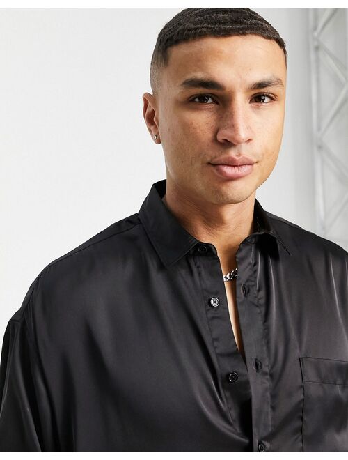 Asos Design oversized satin shirt with dip back hem in black