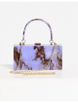 marble box clutch bag with detachable chain strap in blue swirl
