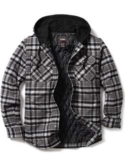 Men's Quilted Lined Flannel Hooded Shirt Jacket, Soft Long Sleeve Outdoor Plaid Shirt Jackets