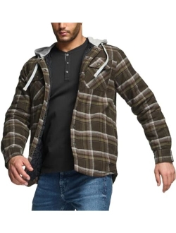 Men's Quilted Lined Flannel Hooded Shirt Jacket, Soft Long Sleeve Outdoor Plaid Shirt Jackets