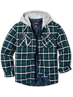 Men's Quilted Lined Flannel Hooded Shirt Jacket, Soft Long Sleeve Outdoor Plaid Shirt Jackets