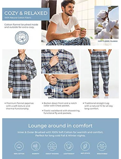 CQR Men's 100% Cotton Plaid Flannel Pajama Set, Brushed Soft Lounge & Sleep PJ Top & Bottom with Pockets