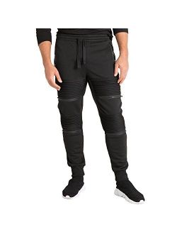 Vibes Men's Fleece Jogger Pant Double Moto Patch & Zipper Knee Trim Rib Cuff & Waist