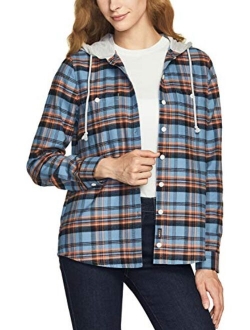 Women's Hooded Plaid Flannel Shirt Long Sleeve, All-Cotton Soft Brushed Casual Button Down Shirts