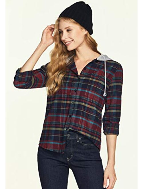 CQR Women's Hooded Plaid Flannel Shirt Long Sleeve, All-Cotton Soft Brushed Casual Button Down Shirts