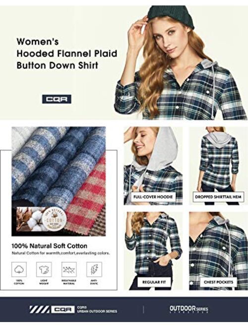 CQR Women's Hooded Plaid Flannel Shirt Long Sleeve, All-Cotton Soft Brushed Casual Button Down Shirts