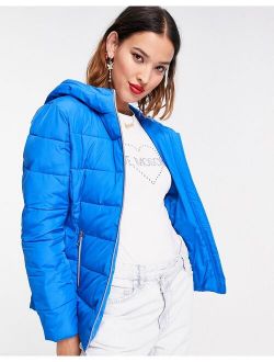 logo front hooded quilted jacket in blue