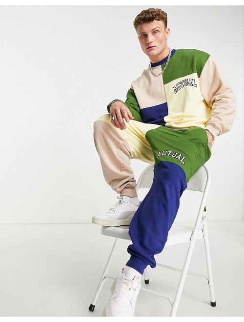 ASOS Actual relaxed sweatpants in color block with logo print in beige - part of a set