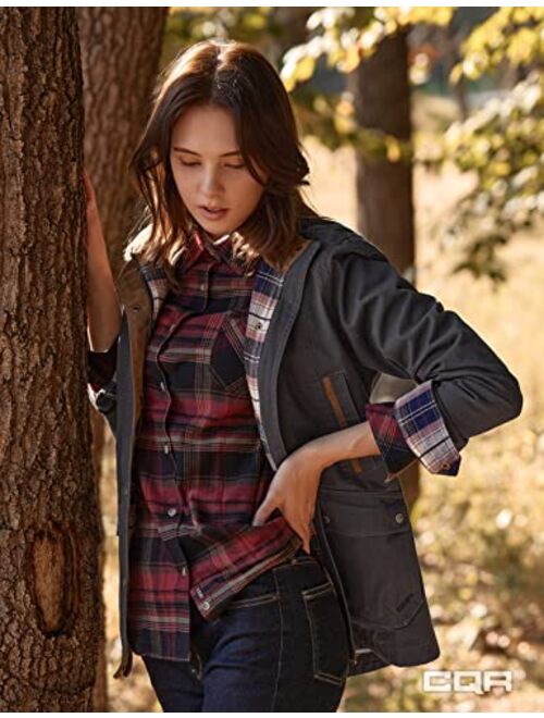 CQR Women's Twill All Cotton Flannel Shirt Jacket, Soft Long Sleeve Shirts, Corduroy Lined Outdoor Shirt Jackets