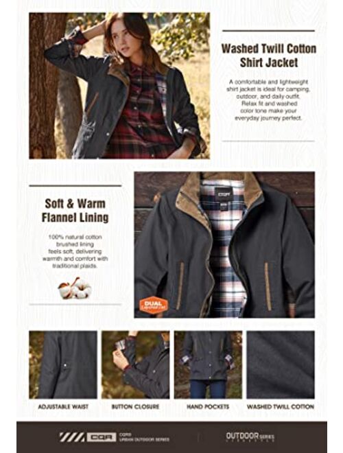 CQR Women's Twill All Cotton Flannel Shirt Jacket, Soft Long Sleeve Shirts, Corduroy Lined Outdoor Shirt Jackets
