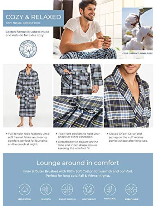 CQR Men's 100% Cotton Flannel Robe, Lightweight Soft Plaid Lounge & Night Sleepwear Robes
