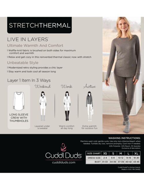 Cuddl Duds Stretch Thermal Crewneck Top - Soft Brushed Waffle Knit, Contrast Trim, Stretch Comfort, Long Sleeve