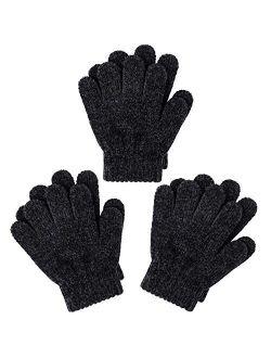 Cooraby 3 Pairs Warm Chenille Gloves Kids Stretchy Cashmere Knitted Gloves for Girls, Boys