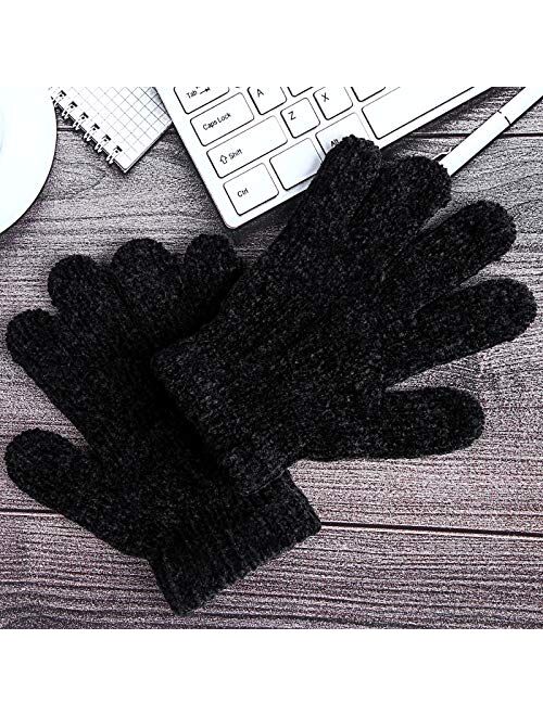 Cooraby 3 Pairs Warm Chenille Gloves Kids Stretchy Cashmere Knitted Gloves for Girls, Boys