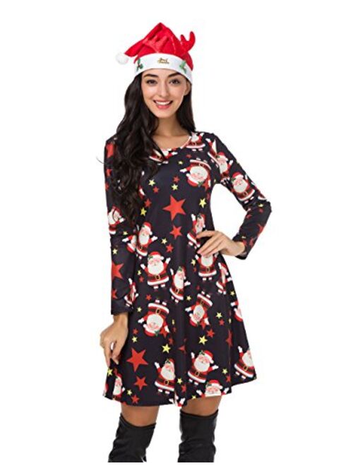 Atnlewhi Womens Christmas Dresses Long Sleeve Casual Cocktail Party A Line Xmas Midi Party Holiday Swing Dress